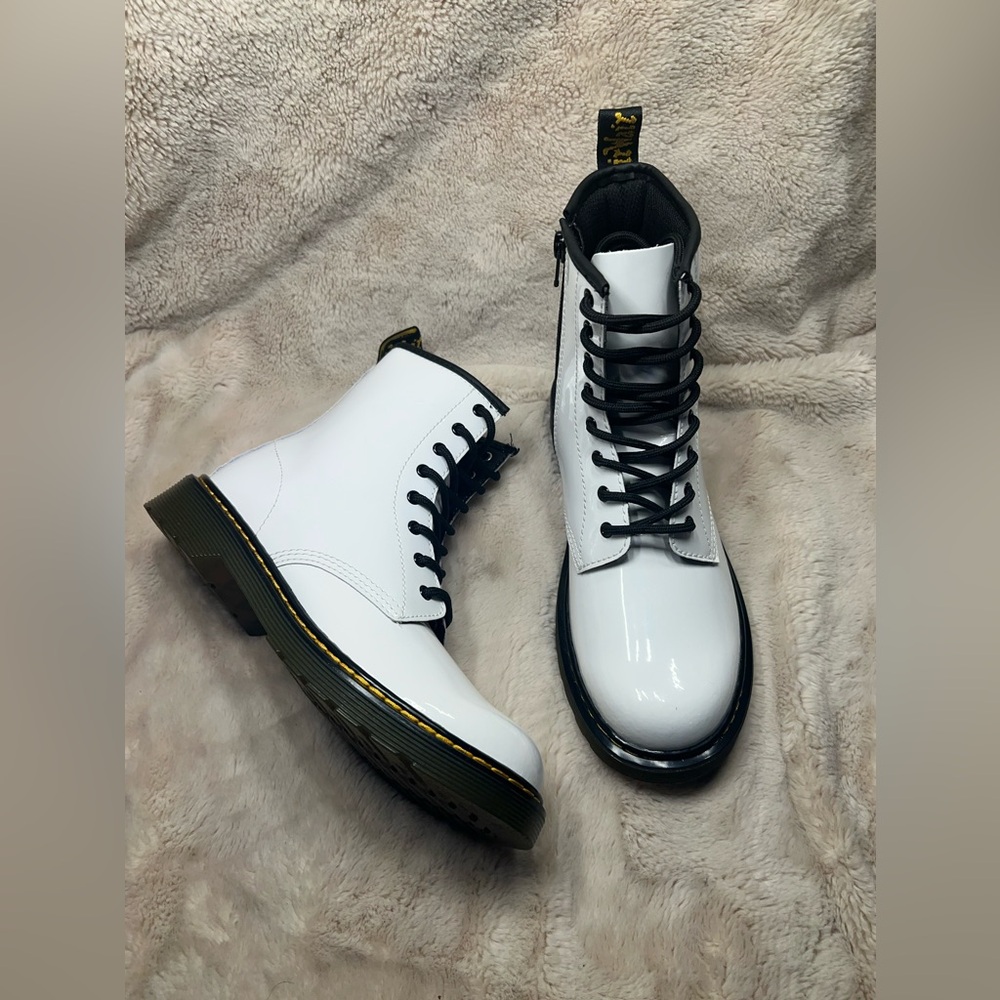 Dr. Martens White Patent Combat Boots with Black Trim